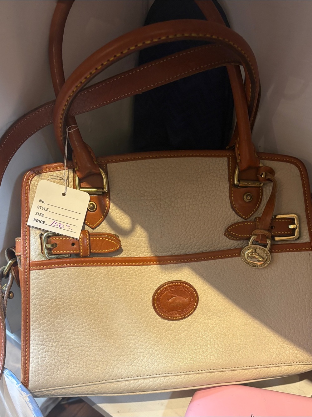 Dooney & Bourke Cream and Brown Leather Trim Satchel